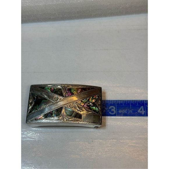 Vintage 925 Sterling Silver Inlay Abalone Etched Belt Buckle main image 7
